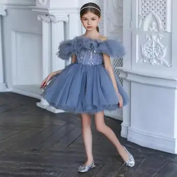Prenses Sheer Boyun Mini Çiçek Kız Elbise Boncuklu Payetli A-line Balo Parti Kıyafeti Çocuklar için Tül Dans Elbise Noel için