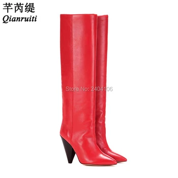Qianruiti bağcıksız ayakkabı Siyah Kırmızı Yeşil Lacivert Pürüzsüz Deri Moda Diz Yüksek Patik Sivri Burun Botas Başak Topuklu Çizmeler Kadın