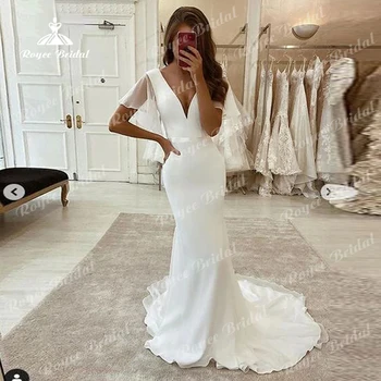 Romantik Beyaz Şifon Saten Gelinlik Mermaid Cap Sleeve V Yaka Basit Gelin Kıyafeti Sweep Tren Düğün Parti Elbise