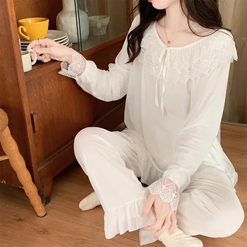 Saray Tarzı kadın Pijama Dantel Trim Fırfır İki Parçalı Set Uzun Kollu Kazak Üst Pantolon Pijama Kadın Pijama Pjs