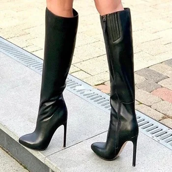 Seksi Siyah Deri Kış Uzun Çizmeler Sivri Burun Fermuar Stiletto Topuk Diz Yüksek Çizmeler Ince Topuklu Kadın Parti Elbise Ayakkabı