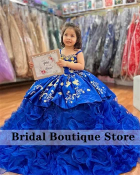 Sevimli Kraliyet Mavi Prenses Çiçek Kız Elbise Nakış Ruffles Pageant balo elbisesi İlk Communion Fotoğraf