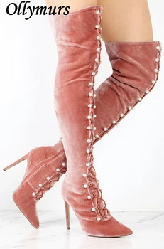 Sivri Çapraz Kayış İnci Moda Gösterisi Kış Seksi Çizmeler Diz Üzerinde Yüksek Uyluk Yüksek Çizmeler Kadın Ayakkabıları