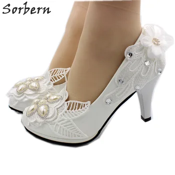 Sorbern Beyaz Yüksek Topuk Düğün Ayakkabı Üzerinde Kayma Çiçek Gelin Topuklu Kış Ayakkabı Kadınlar Için Yay Topuklu Rahat Topuklu Pompa