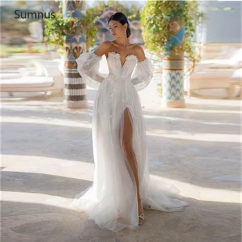 Sumnus Plaj Boho puf kollu düğün elbisesi See Through Dantel Aplikler Tül Yüksek Yan Yarık 2022 Vestido De Noiva Parti Elbiseler