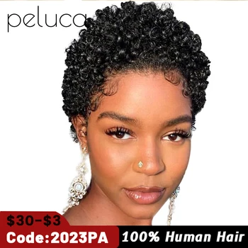 Tam Makine Kısa Afro kıvırcık insan saçı peruk s 150 % Yoğunluk Brezilyalı Remy insan saçı peruk Kısa Peri Kesim Peruk Kale Siyah Kadın