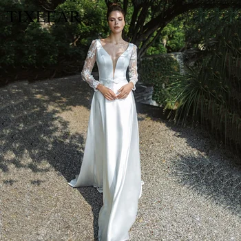 Tixlear A-Line düğün elbisesi Derin V Yaka Custom Made Aplikler Uzun Kollu Saten Aç Geri Mahkemesi Örgün Parti Elbise Robe Mariée