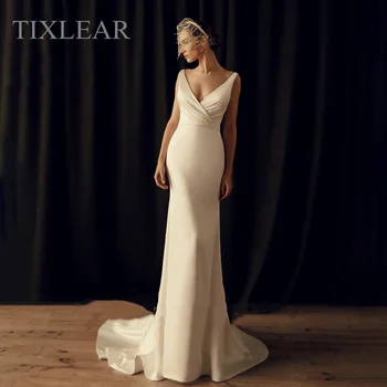 Tixlear Mermaid düğün elbisesi Saten Dantelli Derin V Yaka Spagetti Backless Mahkemesi Tren Klasik gelin kıyafeti 2023 Vestido De Noiva