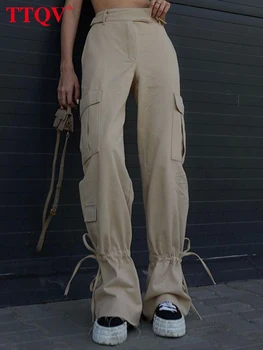 TTQV Rahat Haki Cepler kadın pantolonları Sonbahar Yüksek Belli Sweatpants Streetwear Moda Kadın İpli Tam Boy Pantolon