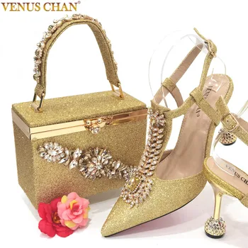 Venüs Chan Sandalet Parti ve Düğün için Yüksek Topuklu Sivri Burun Taklidi Altın Renk Eşleştirme Ayakkabı ve Çanta Setleri Kadınlar için
