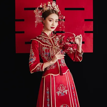 Vintage Çin Tarzı Püsküller düğün elbisesi Gelin Nakış Cheongsam Retro Tost Giyim Parti Kıyafeti Evlilik Qipao