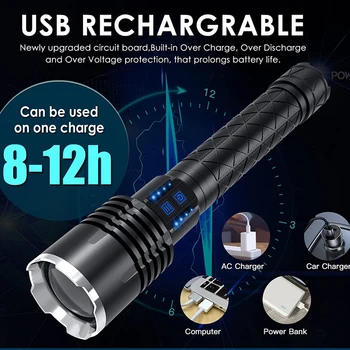 XHP120 LED el feneri güç göstergesi Zumlanabilir su Geçirmez USB Şarj edilebilir Uzun menzilli teleskopik Zoom kullanışlı Brite meşale ışıkları