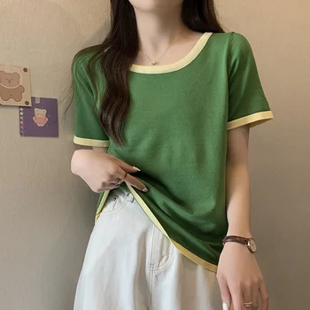 XL-4XL Büyük Boy Örme T-shirt Kadın Yaz Gevşek Kısa Kollu Büyük Boy Üstleri Buz İpek Örgü Eklenmiş Renk Moda Tshirt 2023