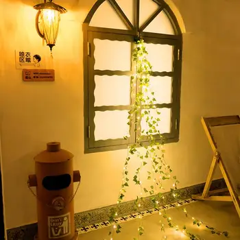 Yapay yeşil yaprak Rattan ışıkları 8 modları şarj edilebilir pil ışık zinciri için açık bahçe balkon dekorasyon
