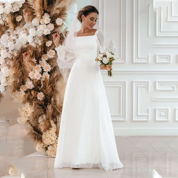 Yeni Basit düğün elbisesi 2022 Bir Çizgi Kare Yaka Uzun Kollu Kat Uzunluk Plaj gelinlikler Zarif Vestidos De Novia Sivil