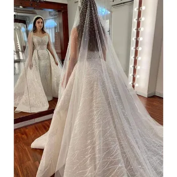 Yeni Lüks düğün elbisesi Boncuk Payetli İnciler O-boyun Uzun Kollu Dantel Sweep Tren gelinlikler Kadınlar İçin Robe De Mariée