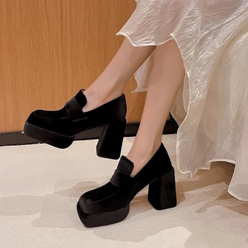 Yeni Rahat Seksi Sığ Ağız Kalın Tabanlı Loafer'lar 2023 Yaz kadın Yüksek Topuklu Sandalet Açık Ayakkabı Kare Ayak Rahat 34-39
