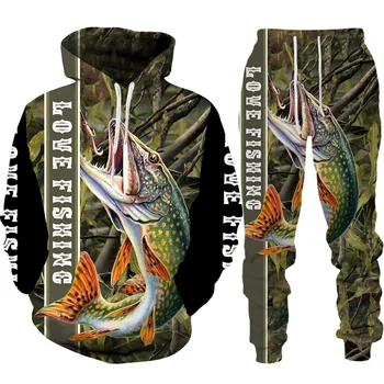 Yenilik 3D Balık Baskılı Erkek Kadın Hoodie / Pantolon / Takım Harajuku Camo Balıkçılık Avcılık Kamp Giysileri Moda Açık Spor Giyim seti