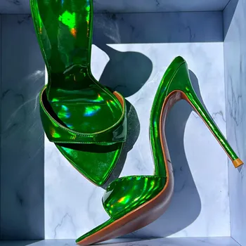Yeşil Kırmızı Yüksek Stiletto Topuklu Terlik Kadın Moda Seksi Sivri Burnu açık Slaytlar Dışında Bayan Sandalet kadın ayakkabısı Büyük Size46