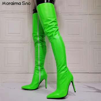 Yeşil Seksi Moda Çıplak Çizmeler Sivri Burun Stiletto Yüksek Topuklu Podyum Moda Over-The-Diz Artı Boyutu Çizmeler Bayanlar Uyluk Çizmeler