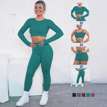 Yoga Seti Dikişsiz spor seti Kadın egzersiz kıyafetleri Uzun Kollu Kırpma Üst Spor Sutyeni Yoga Pantolon Spor Şort kadın Eşofman
