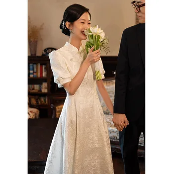 Yourqıpao Çin Cheongsam'lar Geleneksel düğün elbisesi Vintage Elbisesi Gelin Beyaz Çay Boyu Gelin kadın Prenses Elbiseler