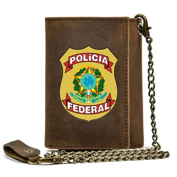 Yüksek Kaliteli Erkek Hakiki deri cüzdan Anti Hırsızlık Çile Demir Zincir Brezilya Polícia Federal Kapak kart tutucu Kısa Çanta