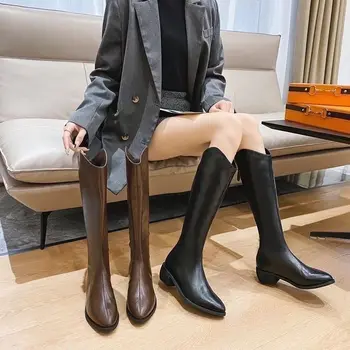 Yüksek Çizmeler Kadın Kış 2023 Uzun Ayakkabı Kadınlar için Rahat Zarif Sivri Burun Ücretsiz Kargo ile Sunulan Deri Moda