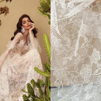 Zarif Ekose Kapalı Beyaz Şeffaf İplik İşlemeli Düğün Dantel Kumaş Oymak ve Hafif Elbise Malzemesi 1 Metre