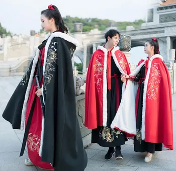 Çiftler Hanfu Pelerin Çin Antik Geleneksel Kış Kalınlığı Siyah Kadife Pelerin Pelerin Ceket Noel Kostüm Erkekler/Kadınlar İçin