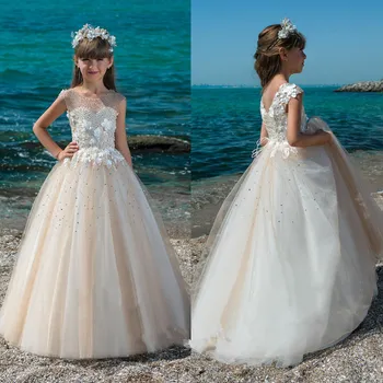 Çiçek Kız Elbise Düğün İçin Kristal Aplike Boncuk Çocuklar gece elbisesi İlk Communion Elbise