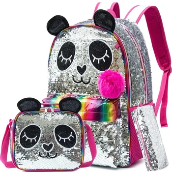 Çocuklar için okul Çantaları Okul Sırt Çantaları Gençler Kızlar için Sırt Çantası Kadın Panda Karikatür Pullu Çanta Kızlar için Okul Çantaları
